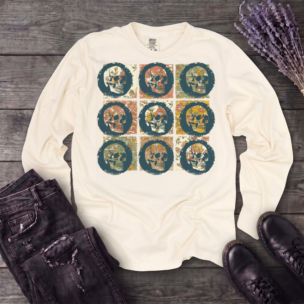 grunge skull floral grid Long Sleeve T-Shirt