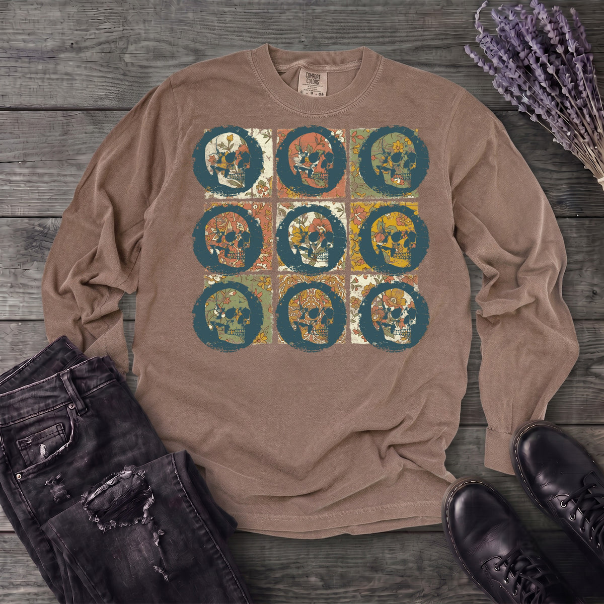 grunge skull floral grid Long Sleeve T-Shirt