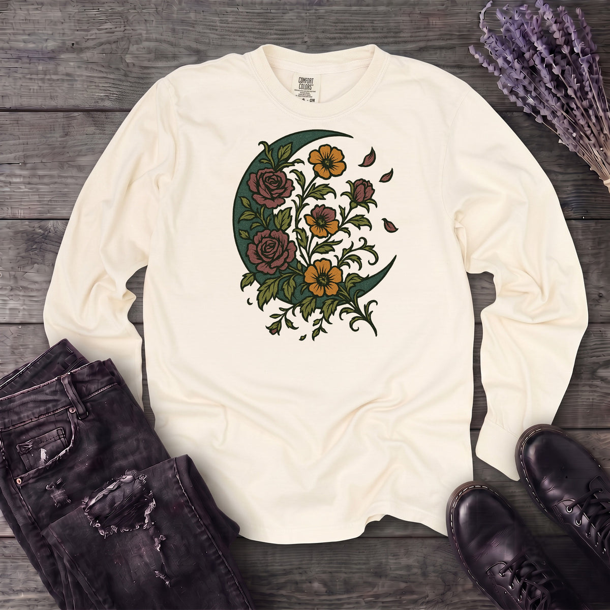 Crescent Moon Wildflowers Long Sleeve T-Shirt
