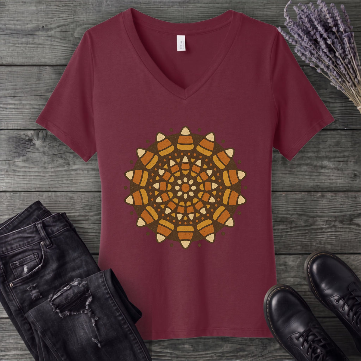 Candy Corn Mandala V-Neck T-Shirt