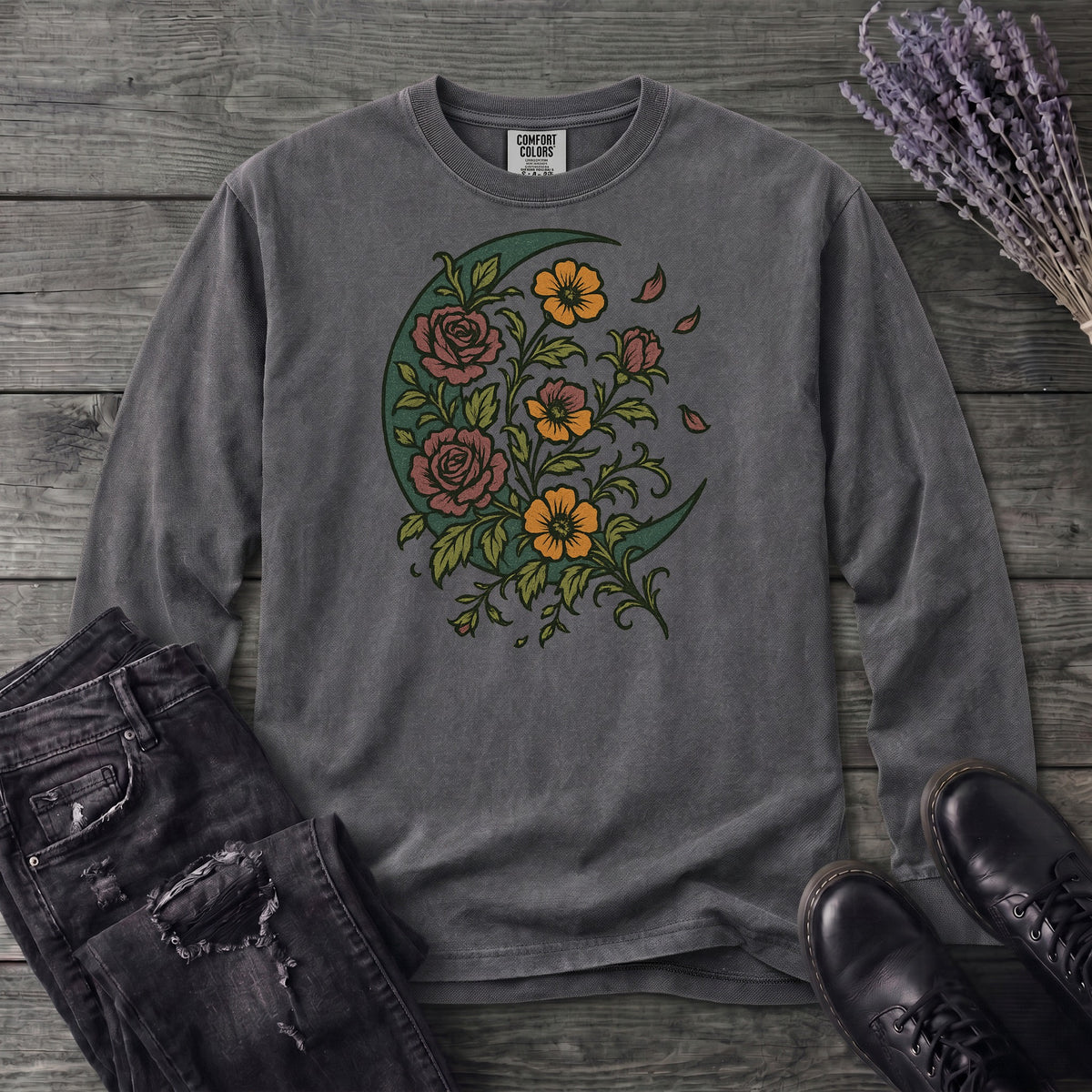 Crescent Moon Wildflowers Long Sleeve T-Shirt