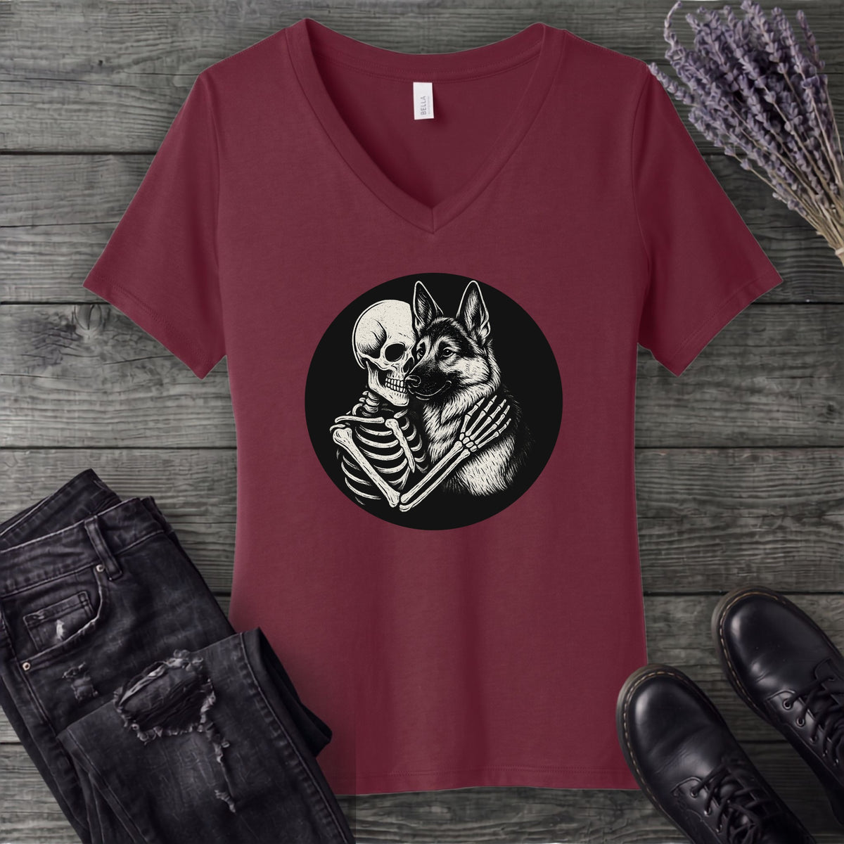 Skeleton German Shepherd Hug V-Neck T-Shirt