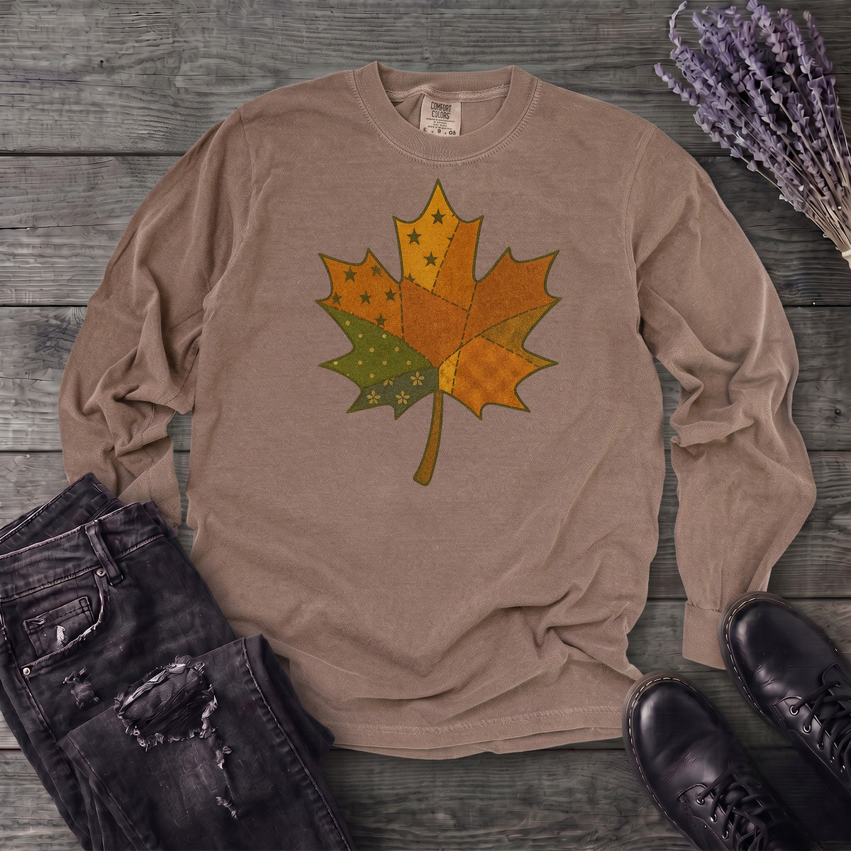 Patchwork Maple Leaf Long Sleeve T-Shirt