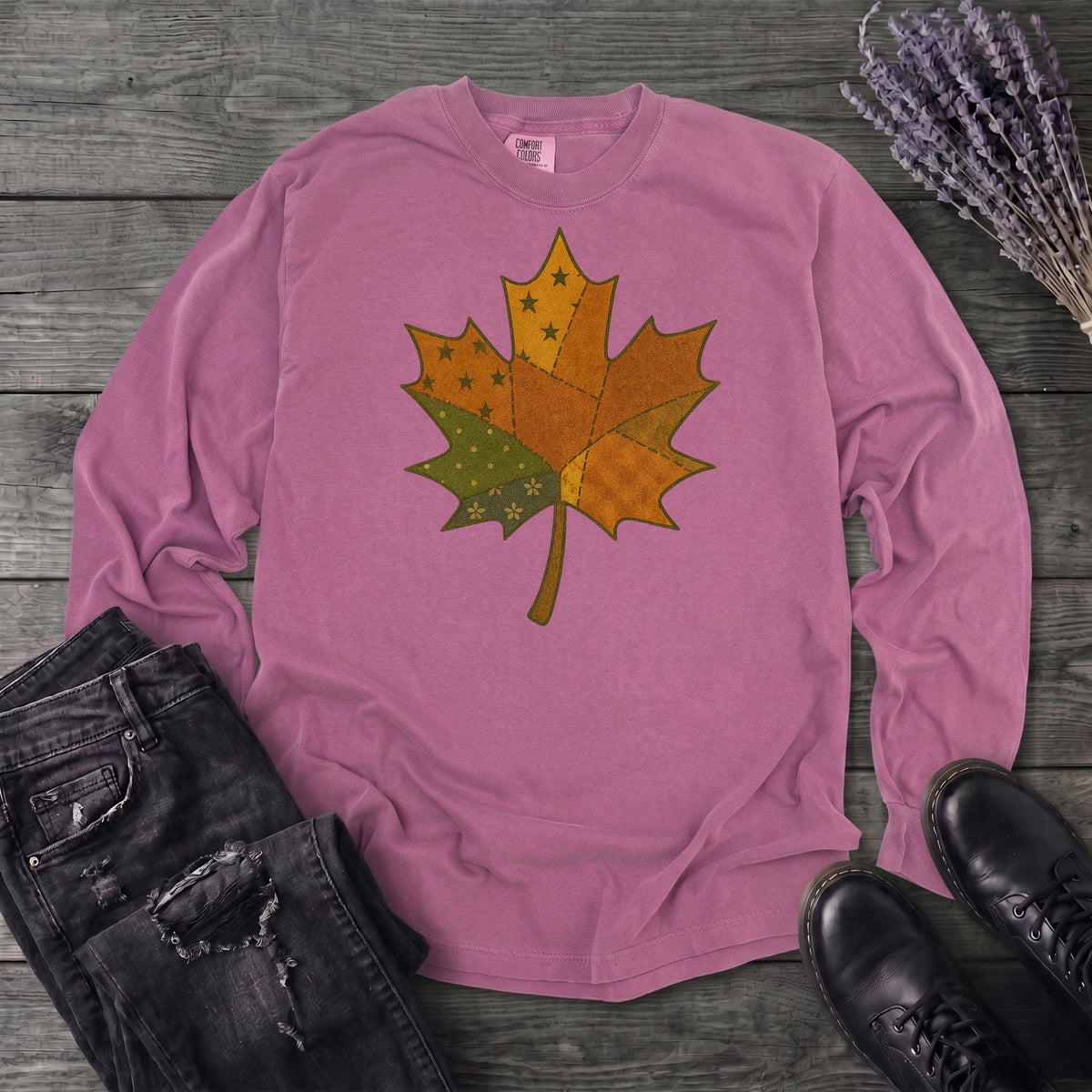 Patchwork Maple Leaf Long Sleeve T-Shirt