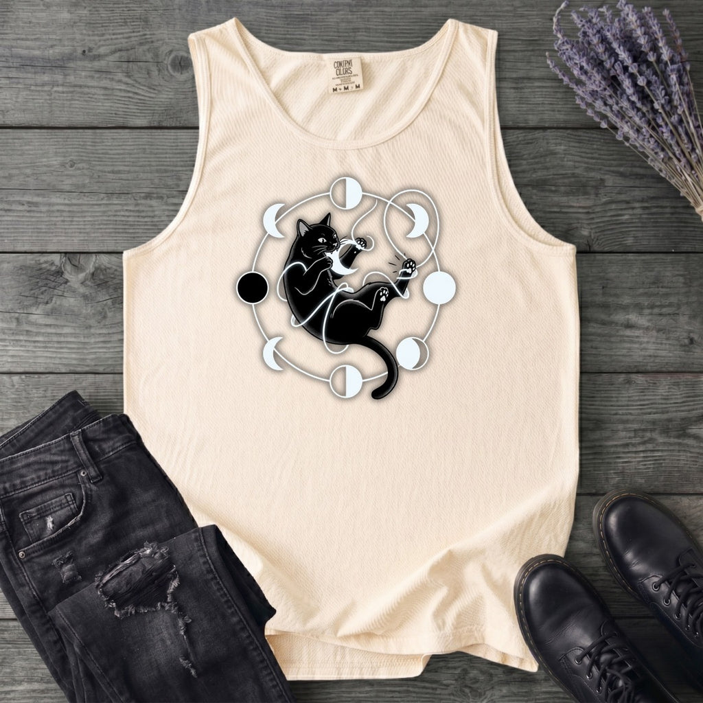 black cat pouncing on moon phases Tank Top