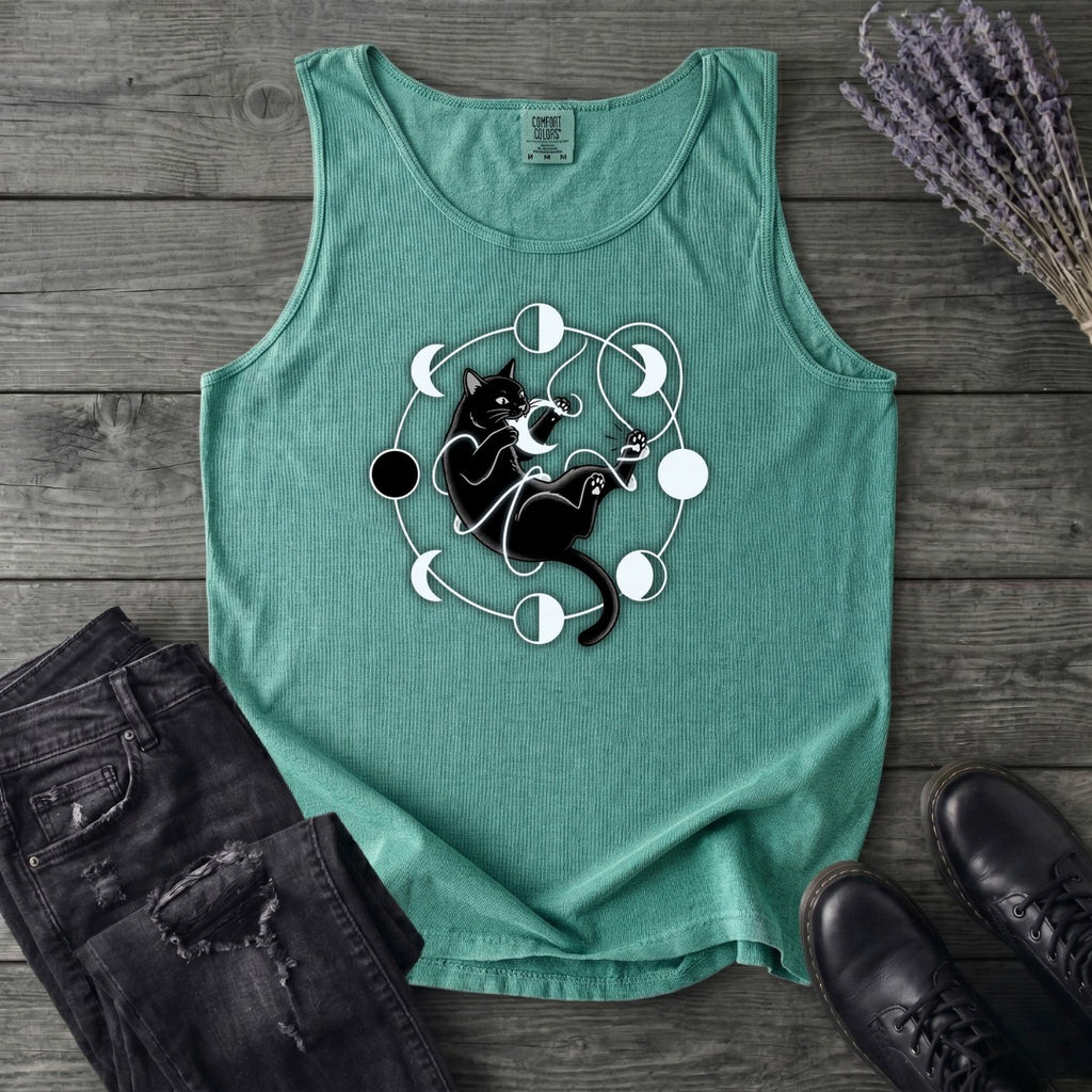 black cat pouncing on moon phases Tank Top