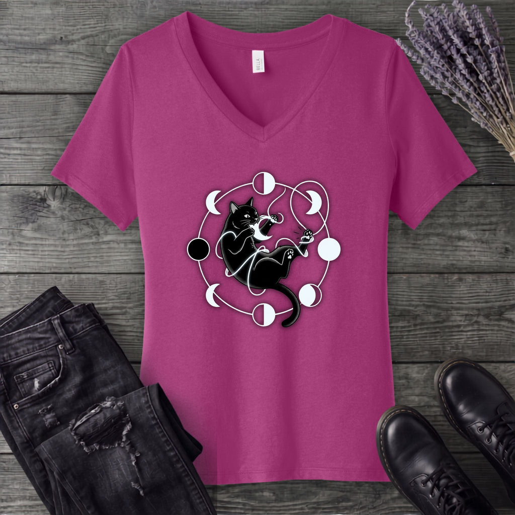 black cat pouncing on moon phases V-Neck T-Shirt