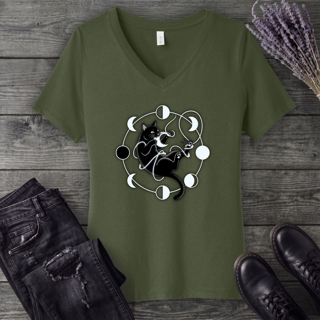 black cat pouncing on moon phases V-Neck T-Shirt