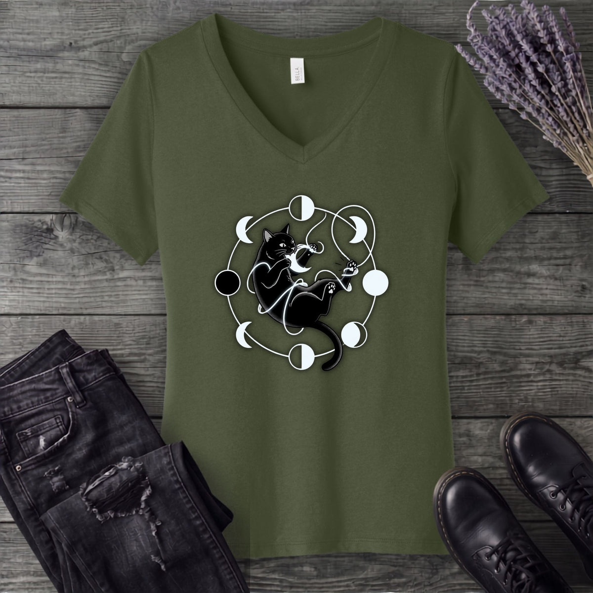 black cat pouncing on moon phases V-Neck T-Shirt