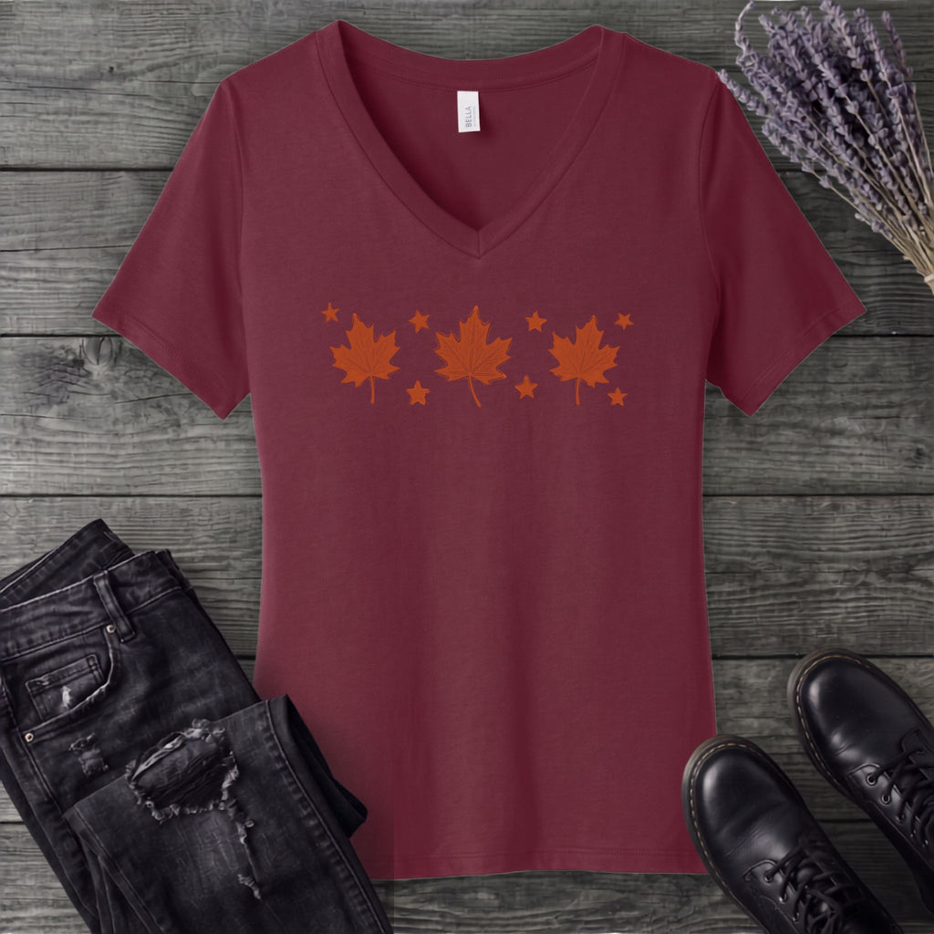 Autumn Leaves And Stars V-Neck T-Shirt