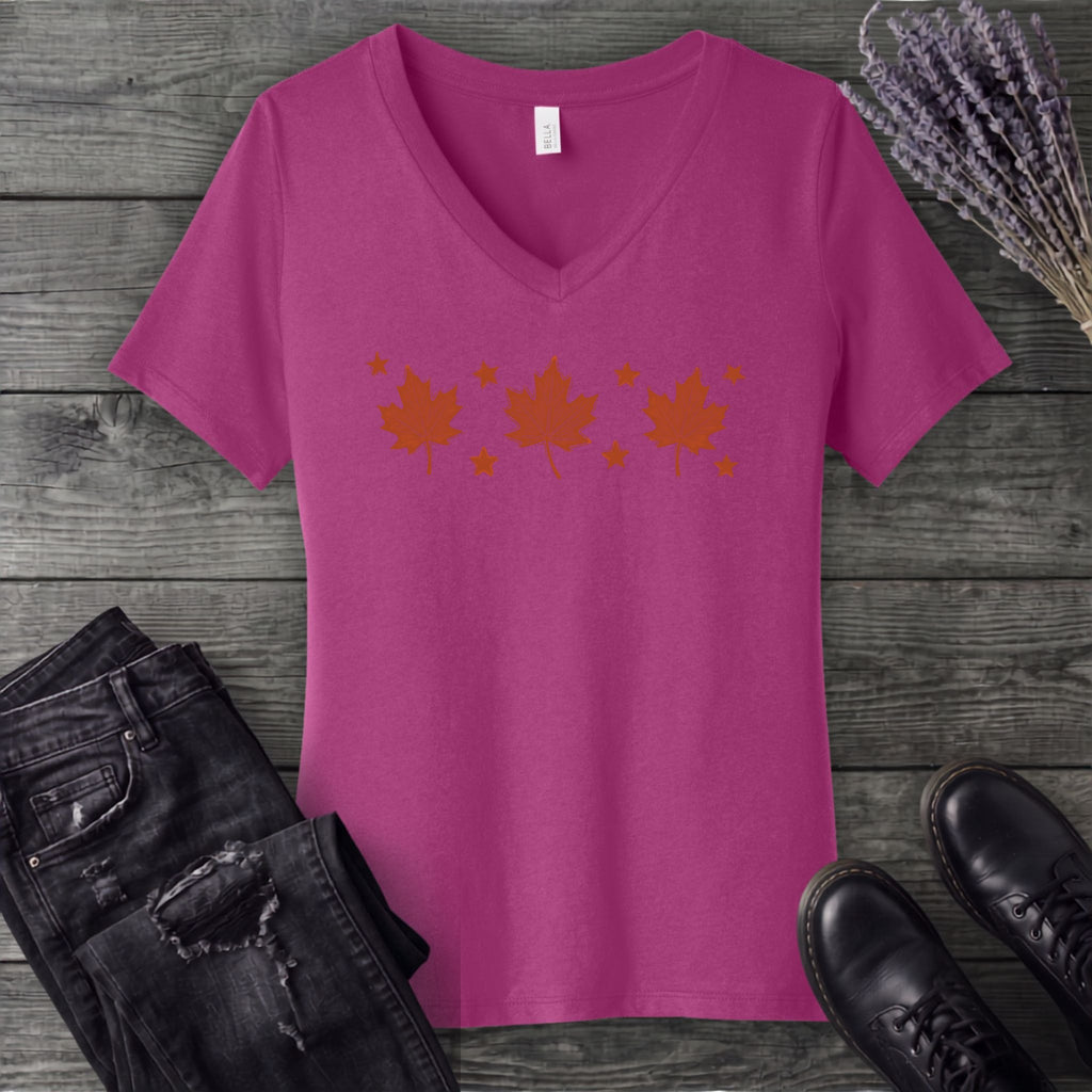 Autumn Leaves And Stars V-Neck T-Shirt