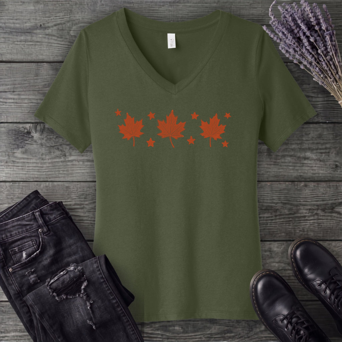 Autumn Leaves And Stars V-Neck T-Shirt
