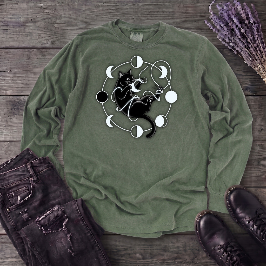 black cat pouncing on moon phases Long Sleeve T-Shirt