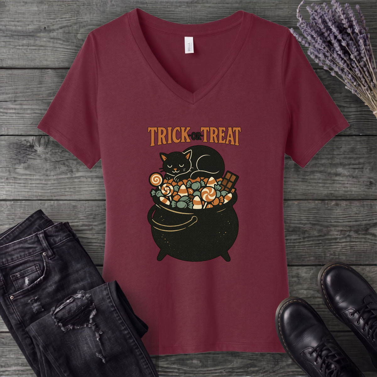 Trick Or Treat Candy Cauldron V-Neck T-Shirt