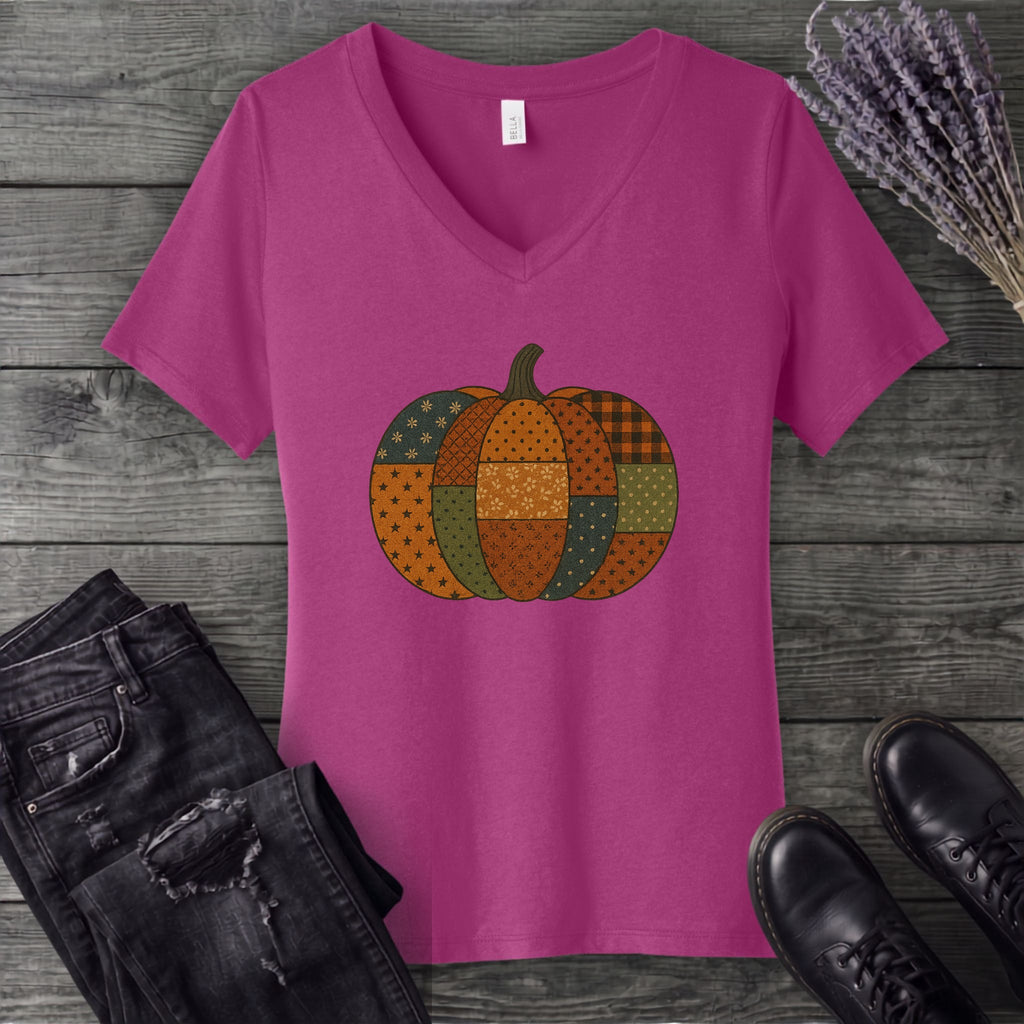 Patchwork Pumpkin V-Neck T-Shirt