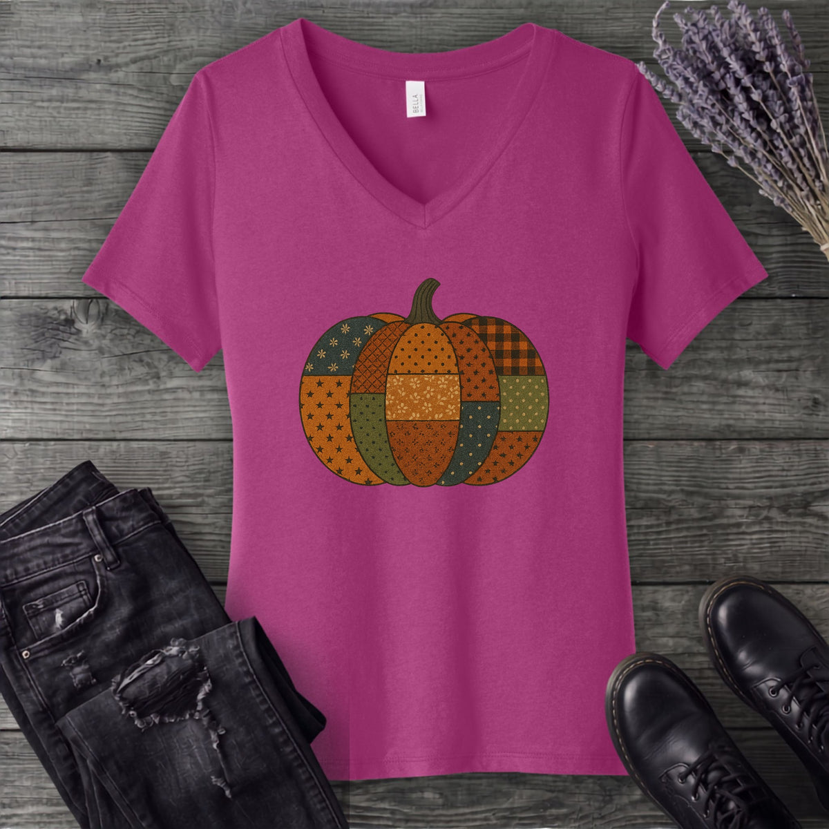 Patchwork Pumpkin V-Neck T-Shirt