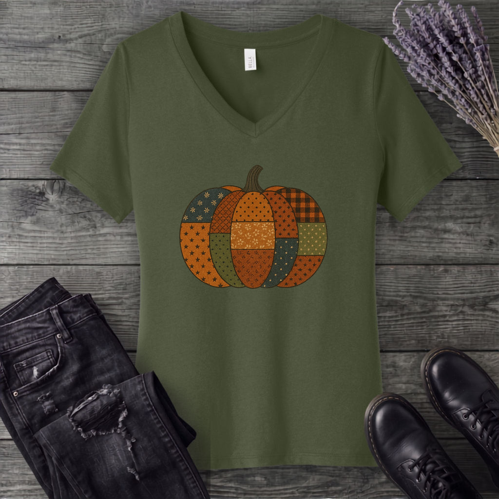 Patchwork Pumpkin V-Neck T-Shirt