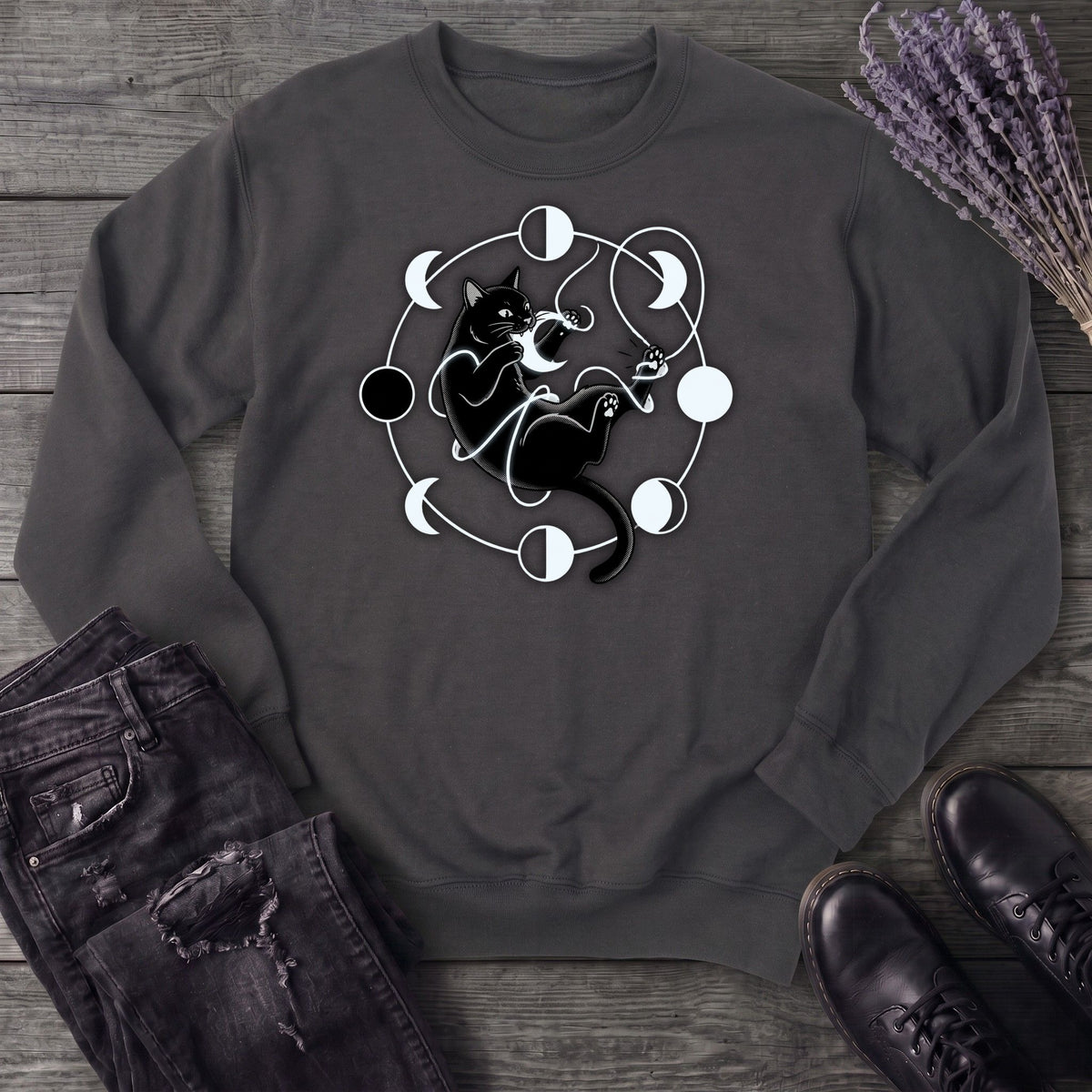 black cat pouncing on moon phases Sweatshirt