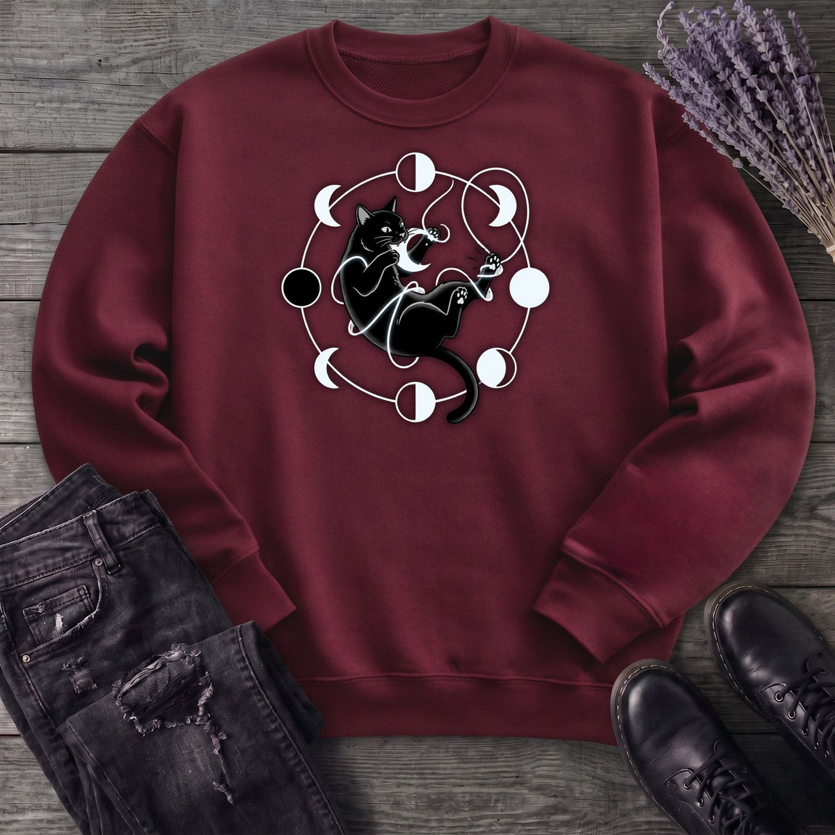 black cat pouncing on moon phases Sweatshirt