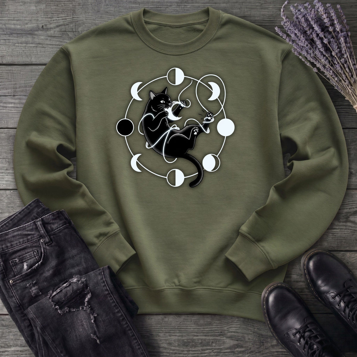 black cat pouncing on moon phases Sweatshirt