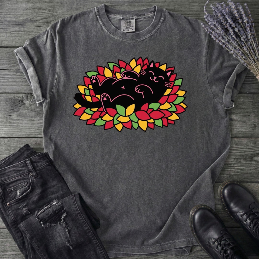 Black Cat Rolling Leaves T-Shirt