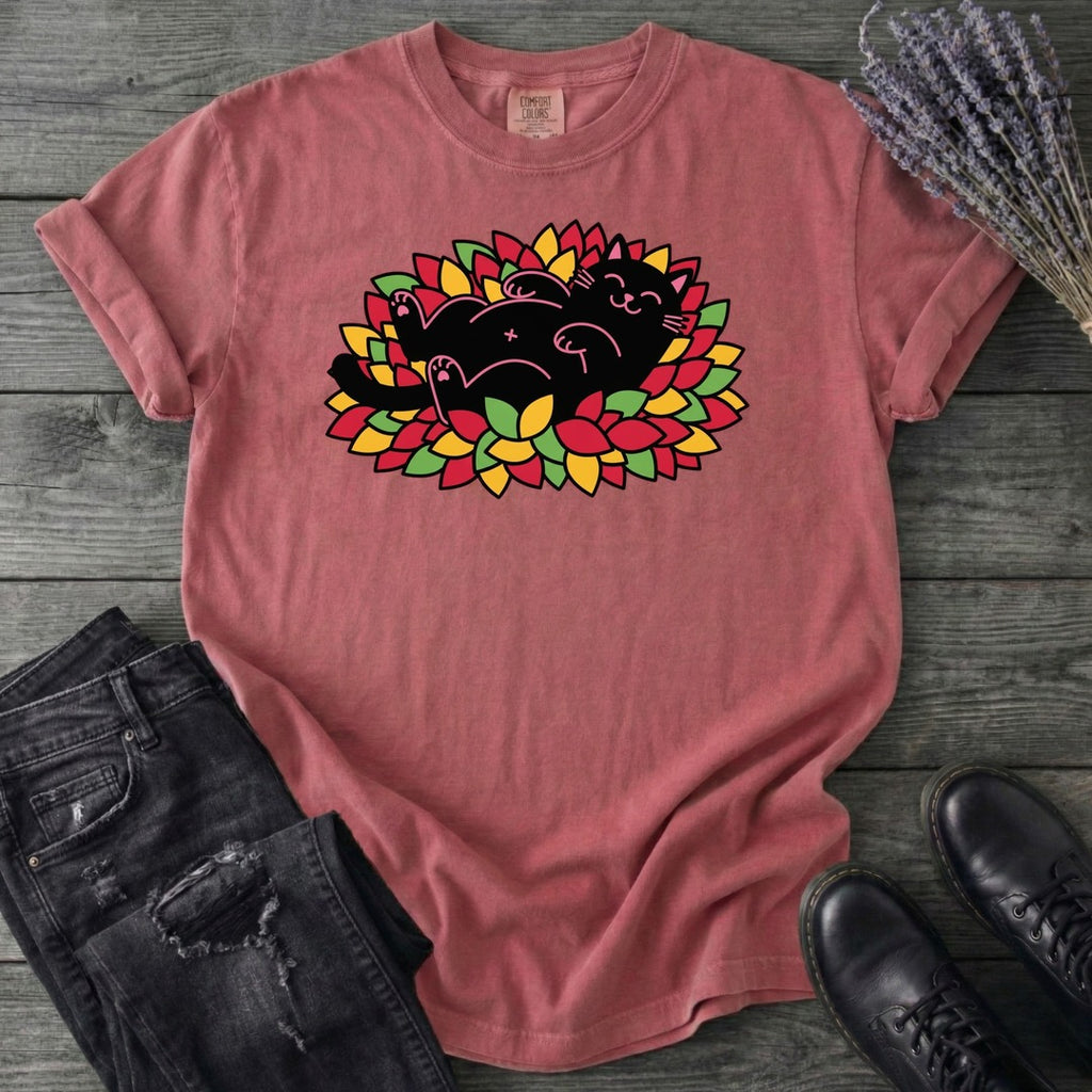 Black Cat Rolling Leaves T-Shirt