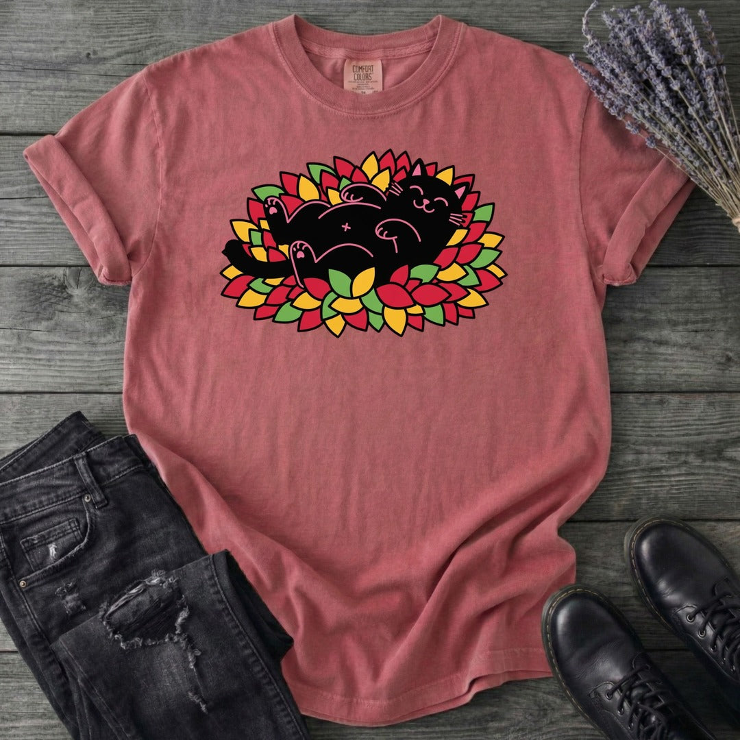 Black Cat Rolling Leaves T-Shirt