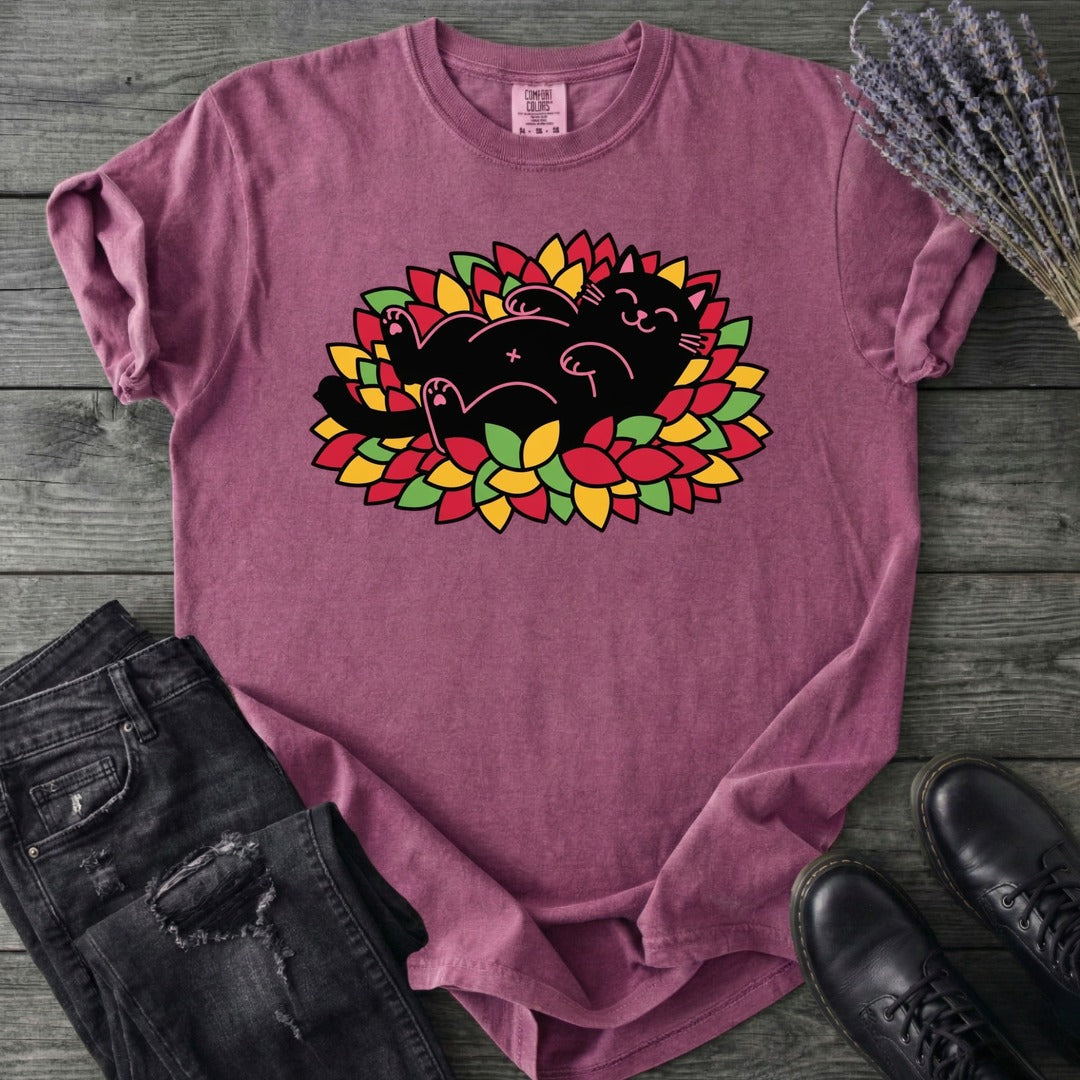 Black Cat Rolling Leaves T-Shirt