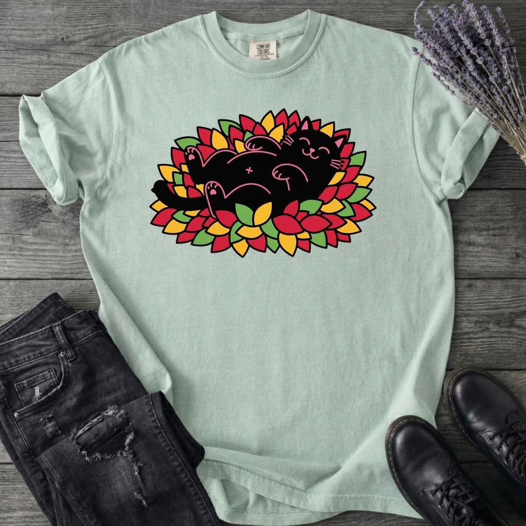 Black Cat Rolling Leaves T-Shirt