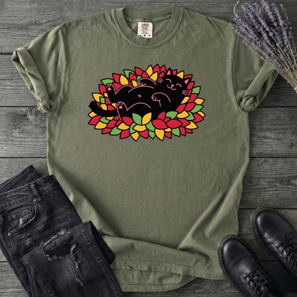 Black Cat Rolling Leaves T-Shirt