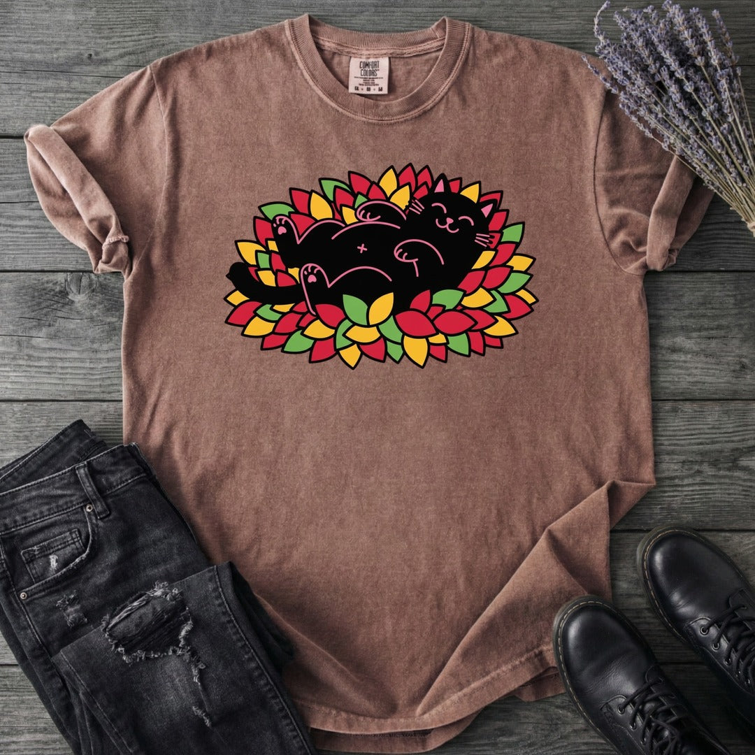 Black Cat Rolling Leaves T-Shirt