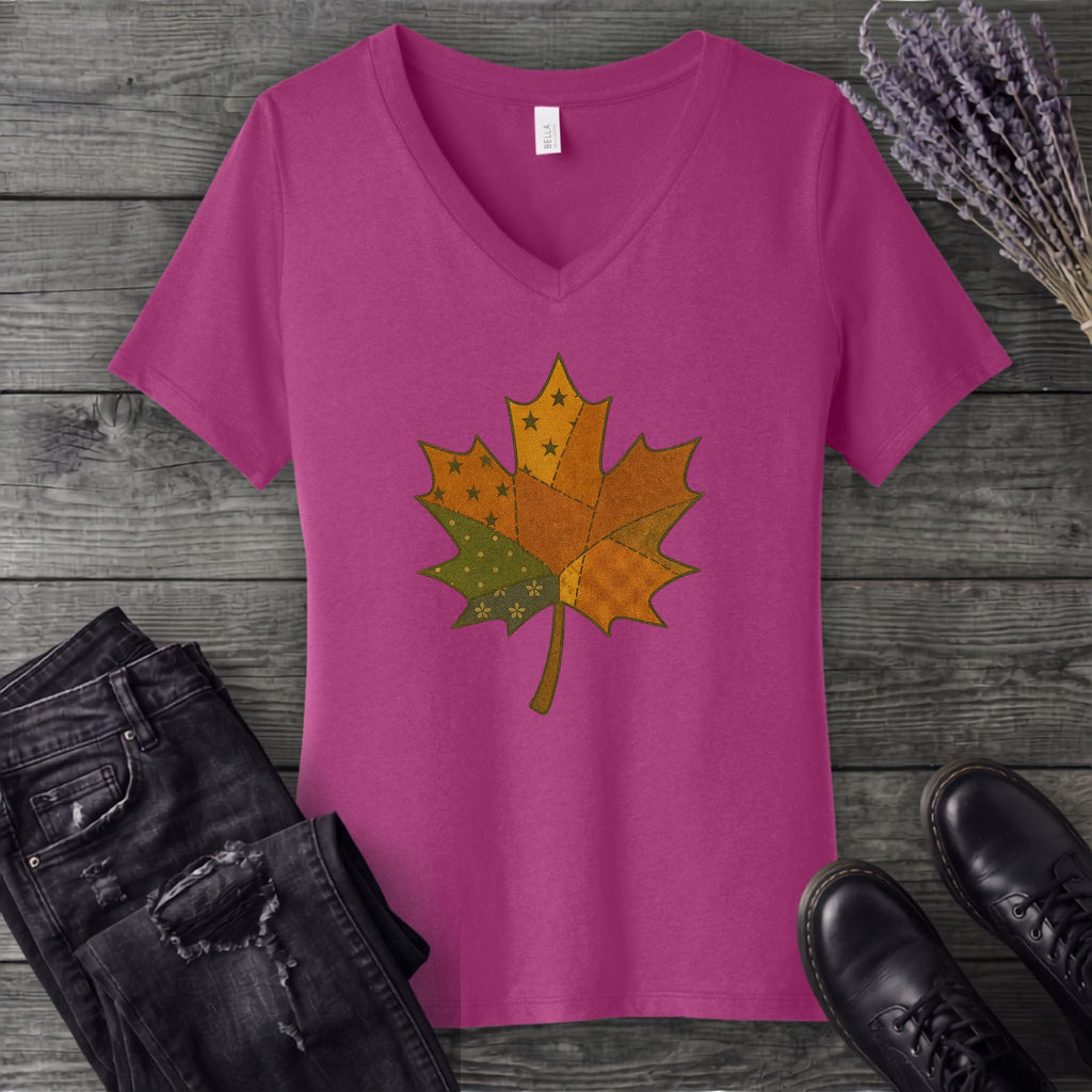 Patchwork Maple Leaf V-Neck T-Shirt