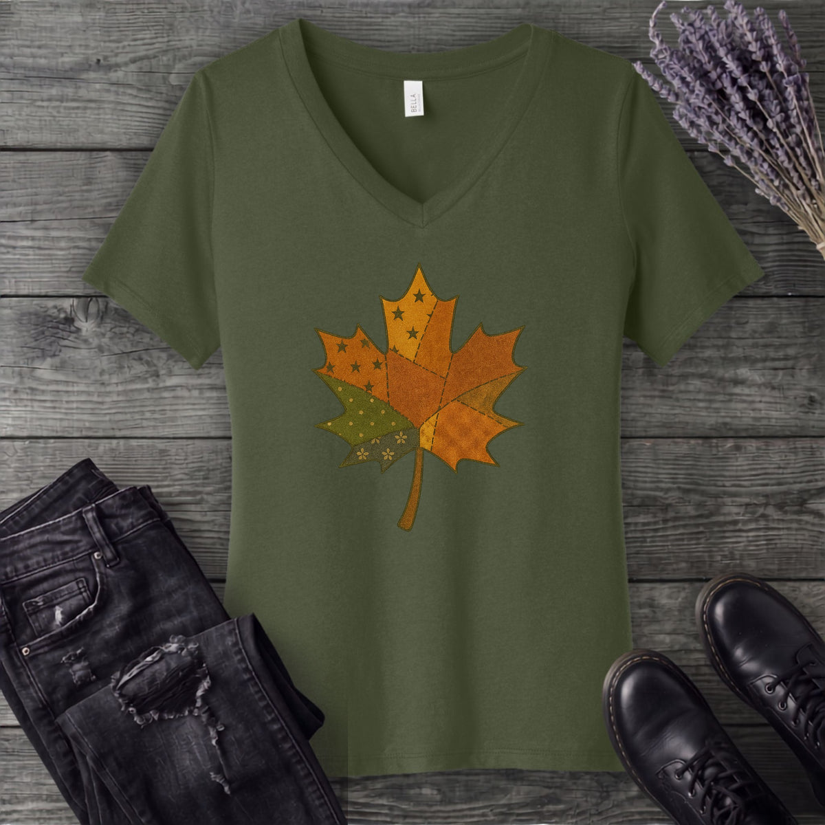 Patchwork Maple Leaf V-Neck T-Shirt
