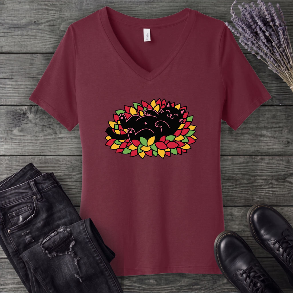 Black Cat Rolling Leaves V-Neck T-Shirt