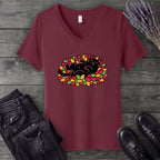 Black Cat Rolling Leaves V-Neck T-Shirt