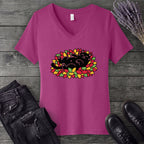 Black Cat Rolling Leaves V-Neck T-Shirt