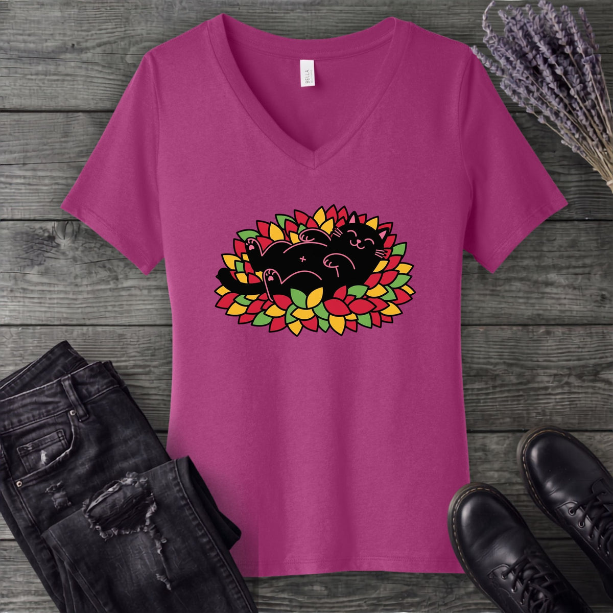 Black Cat Rolling Leaves V-Neck T-Shirt