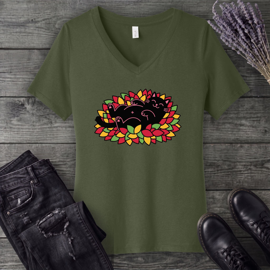 Black Cat Rolling Leaves V-Neck T-Shirt