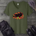 Black Cat Rolling Leaves V-Neck T-Shirt