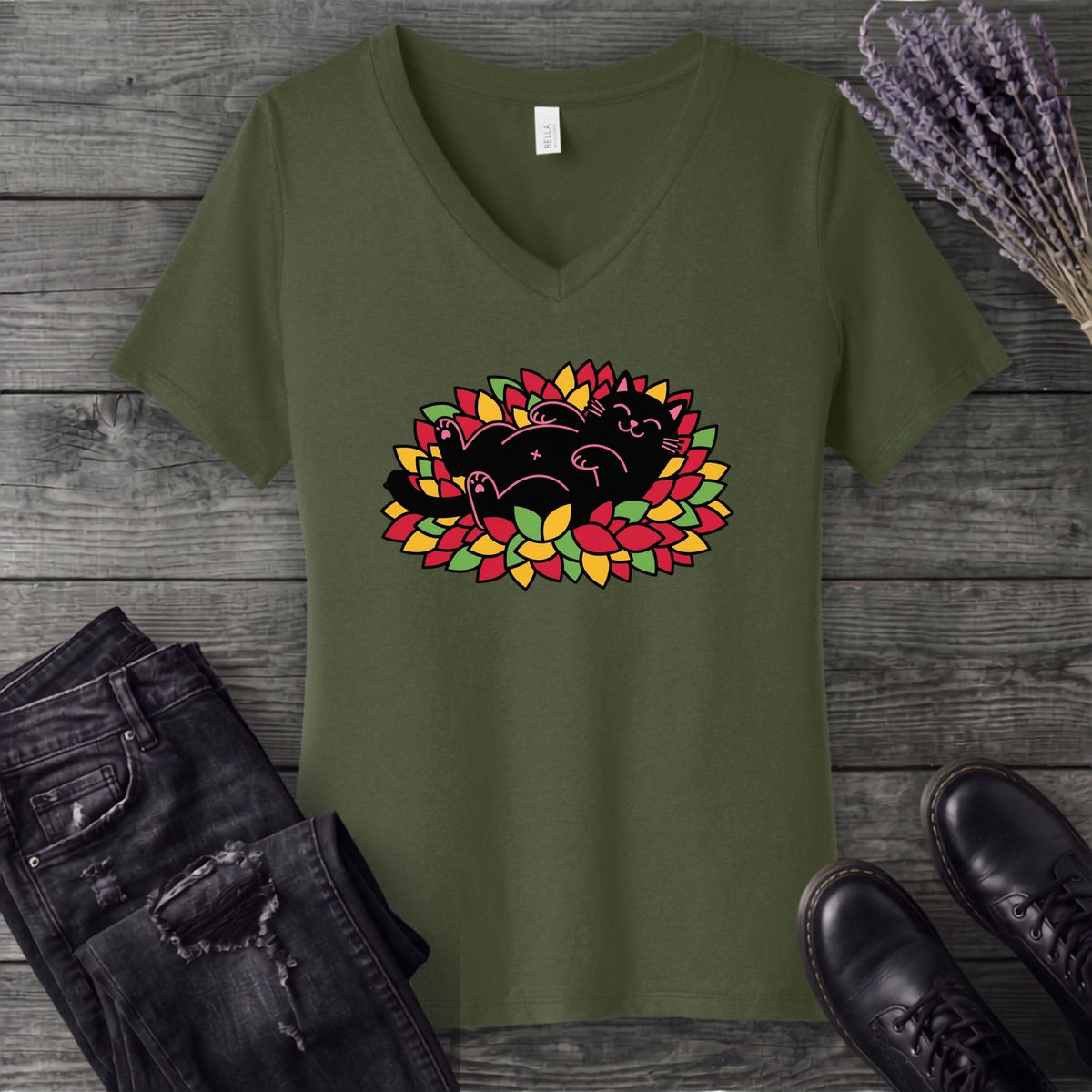 Black Cat Rolling Leaves V-Neck T-Shirt