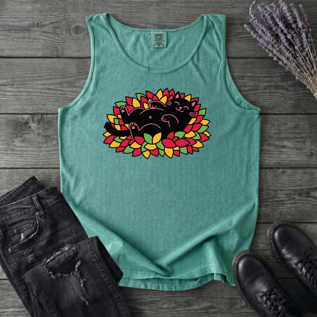 Black Cat Rolling Leaves Tank Top