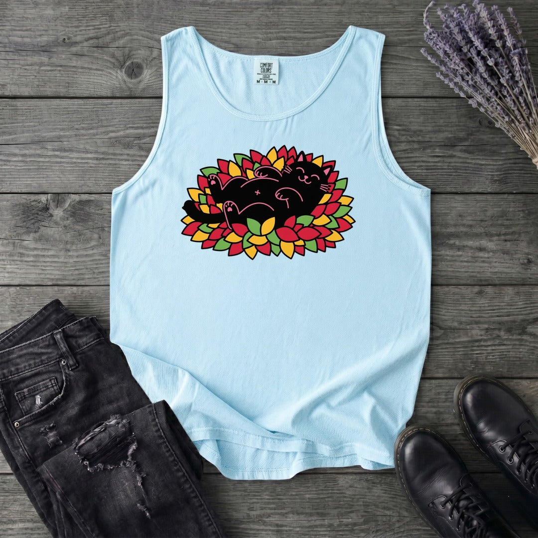 Black Cat Rolling Leaves Tank Top
