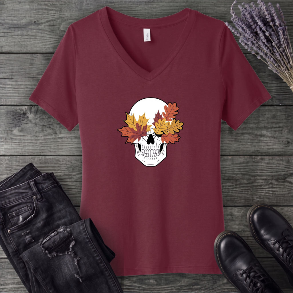 Fall Leaf Skull V-Neck T-Shirt