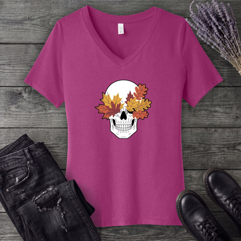 Fall Leaf Skull V-Neck T-Shirt