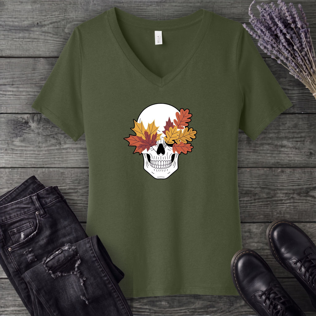 Fall Leaf Skull V-Neck T-Shirt