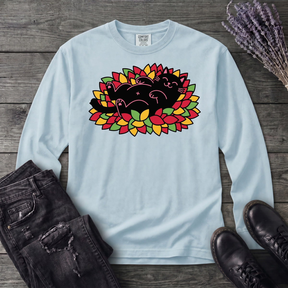 Black Cat Rolling Leaves Long Sleeve T-Shirt