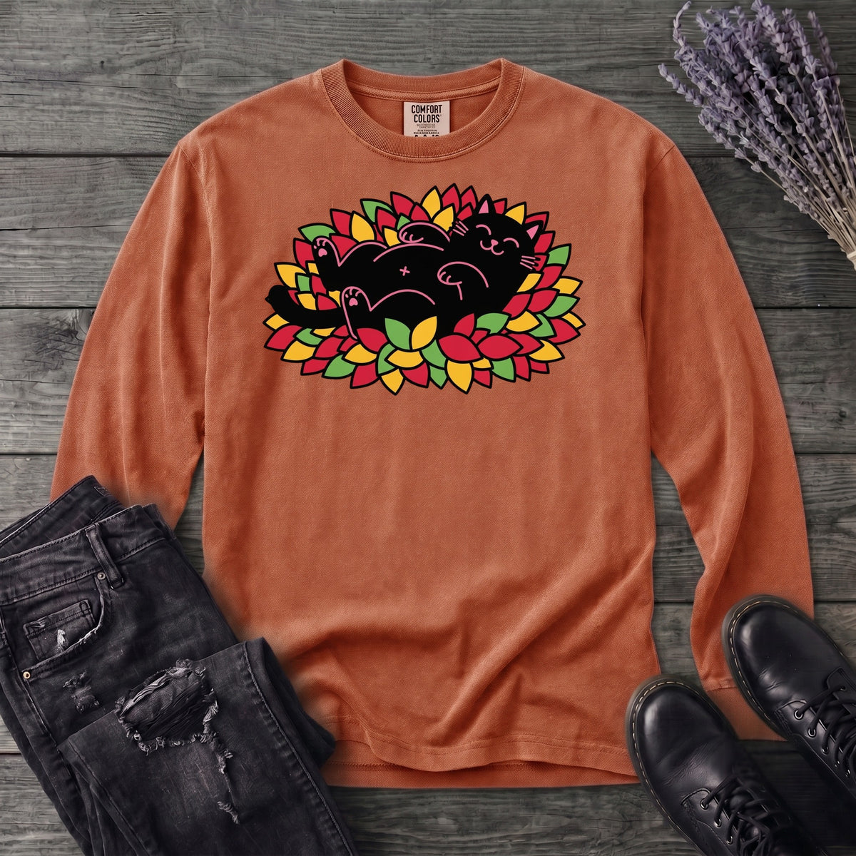 Black Cat Rolling Leaves Long Sleeve T-Shirt