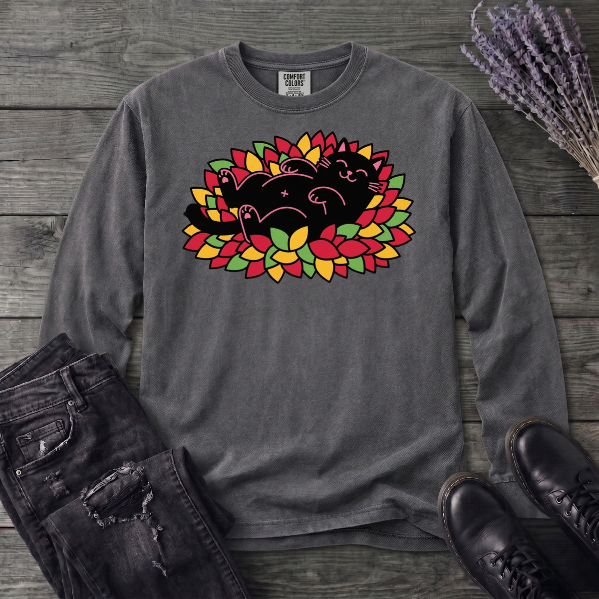 Black Cat Rolling Leaves Long Sleeve T-Shirt