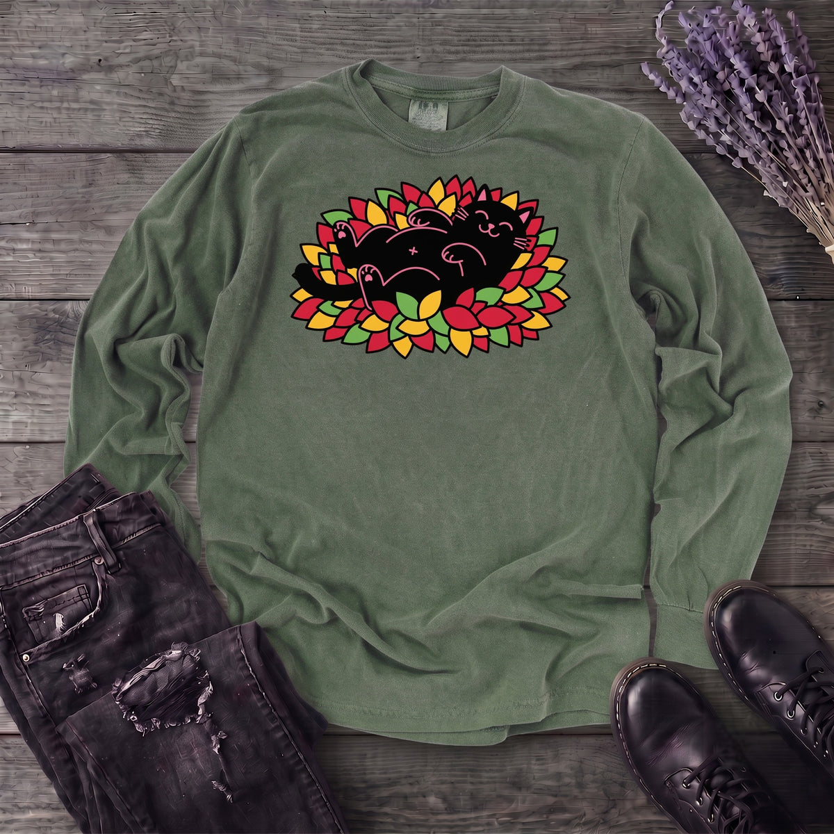Black Cat Rolling Leaves Long Sleeve T-Shirt