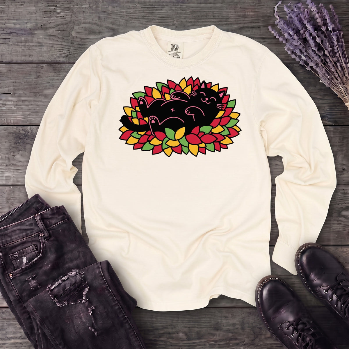 Black Cat Rolling Leaves Long Sleeve T-Shirt